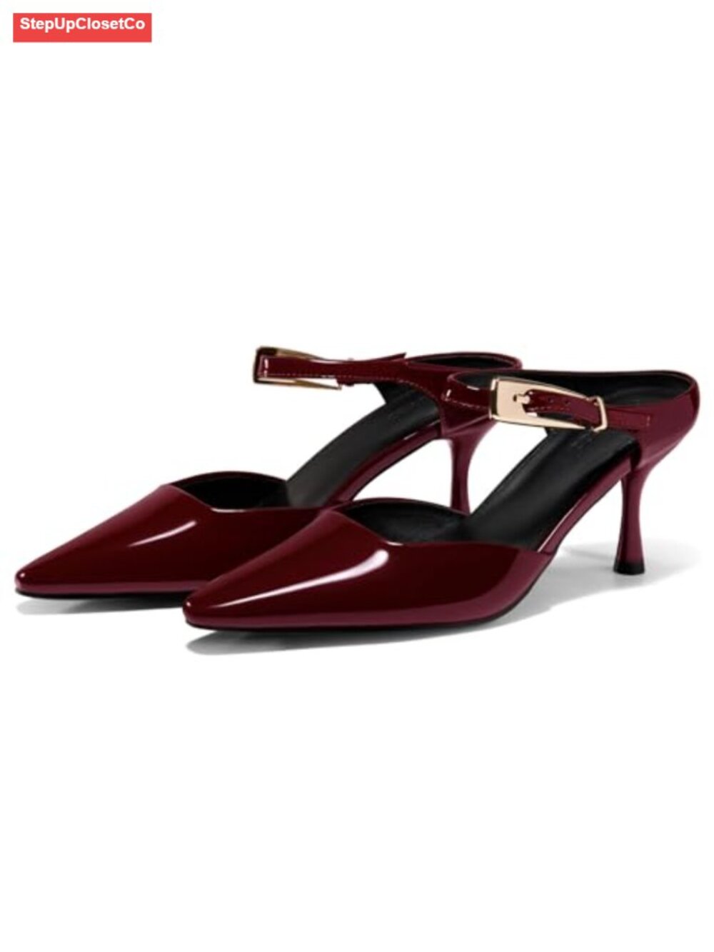 Women's Pointed Toe Kitten Heel Mules Ankle Strap Slip On Backless Dress Shoes